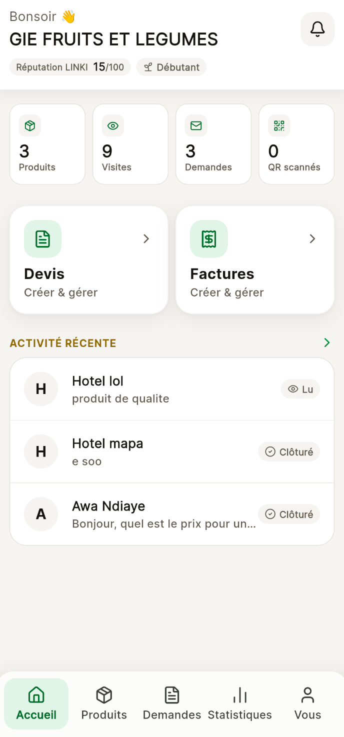 Tableau de bord de l'application LINKI Business
