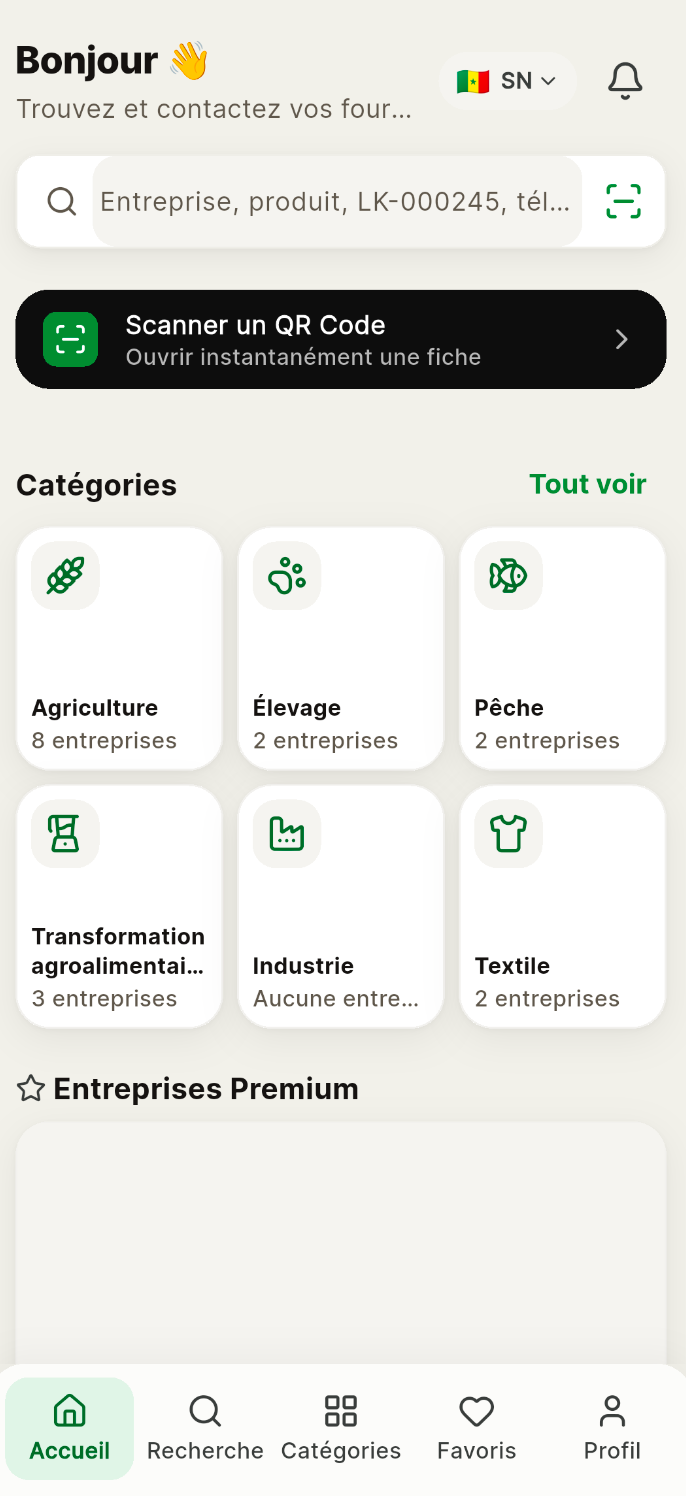 Parcourir : Catégories, entreprises Premium, scan QR - application LINKI