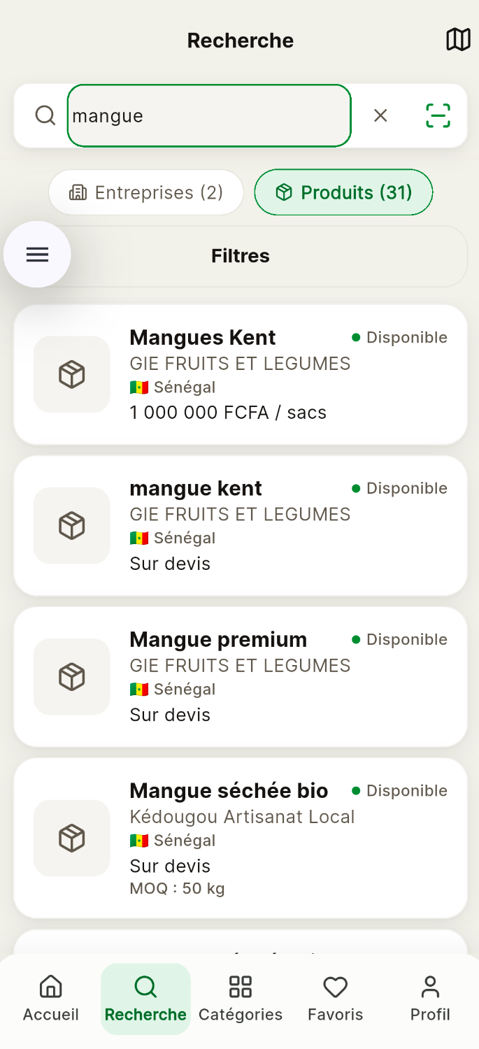 Rechercher : Par produit, entreprise, numéro LINKI ou téléphone - application LINKI