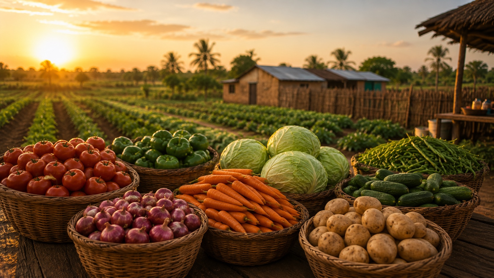 Récolte maraîchère au Sénégal — paniers de légumes devant une exploitation